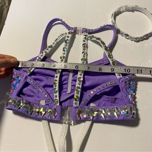 Glamour solo dance costume custom 2 piece lavender rhinestone feather sassy LC - Picture 12 of 15